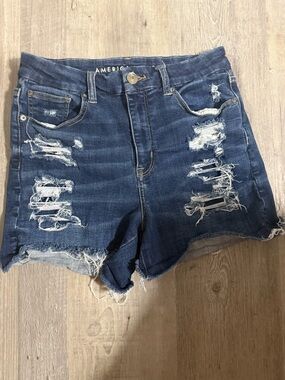 American Eagle Outfitters Dark Blue Distressed High-Rise Denim Shorts